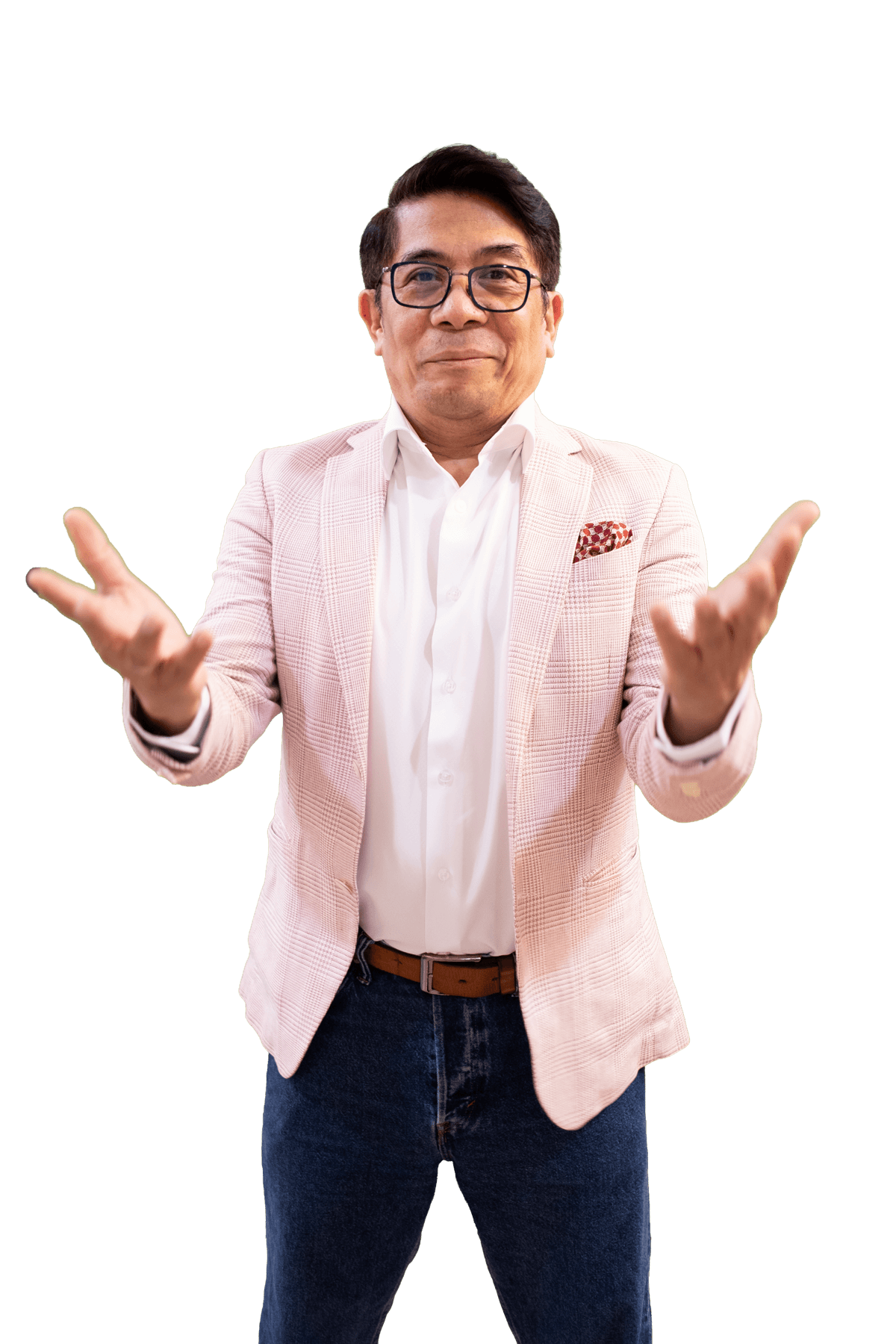 Robert Labayen in a rose blazer, looking ahead