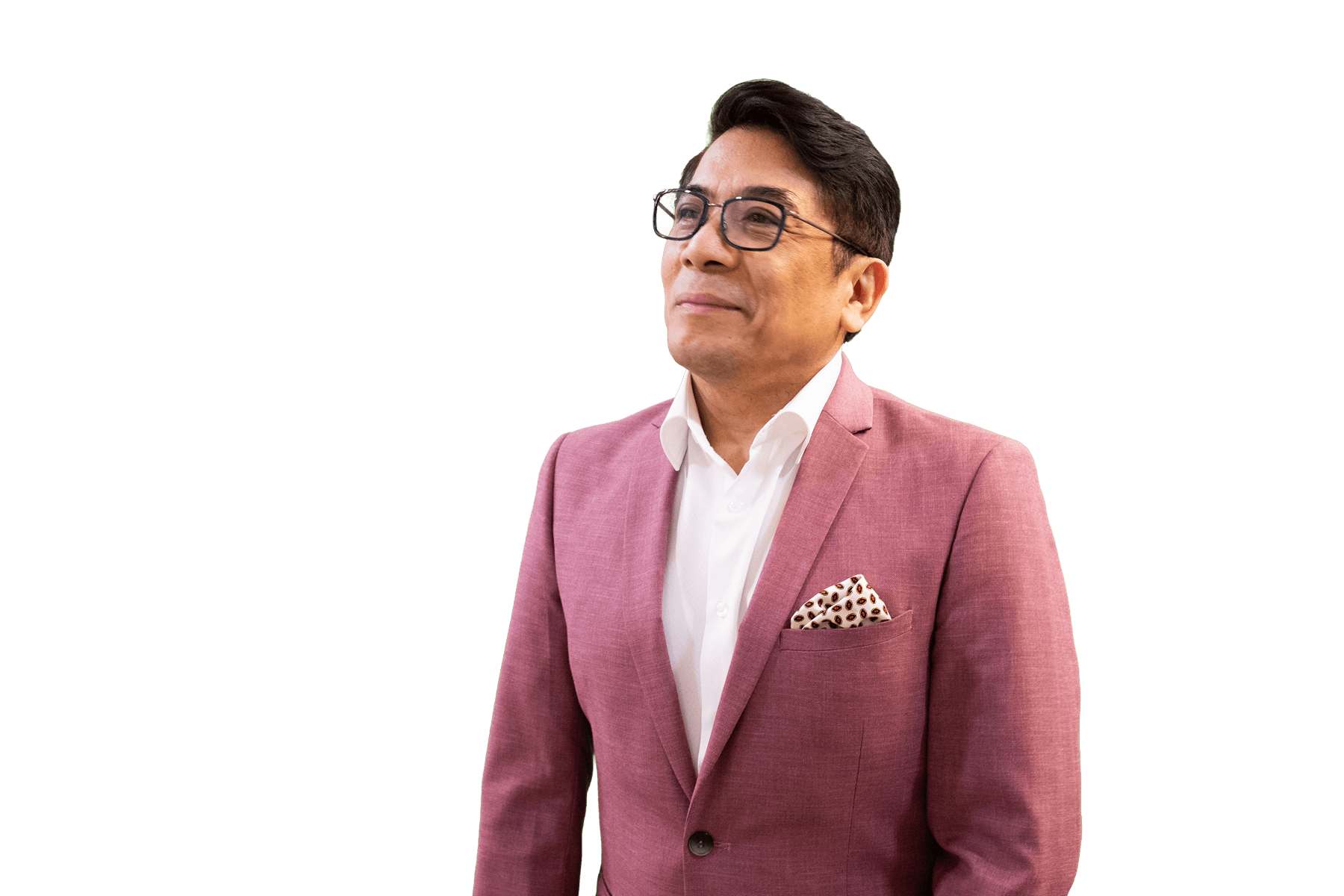 Robert Labayen in a rose blazer, looking ahead