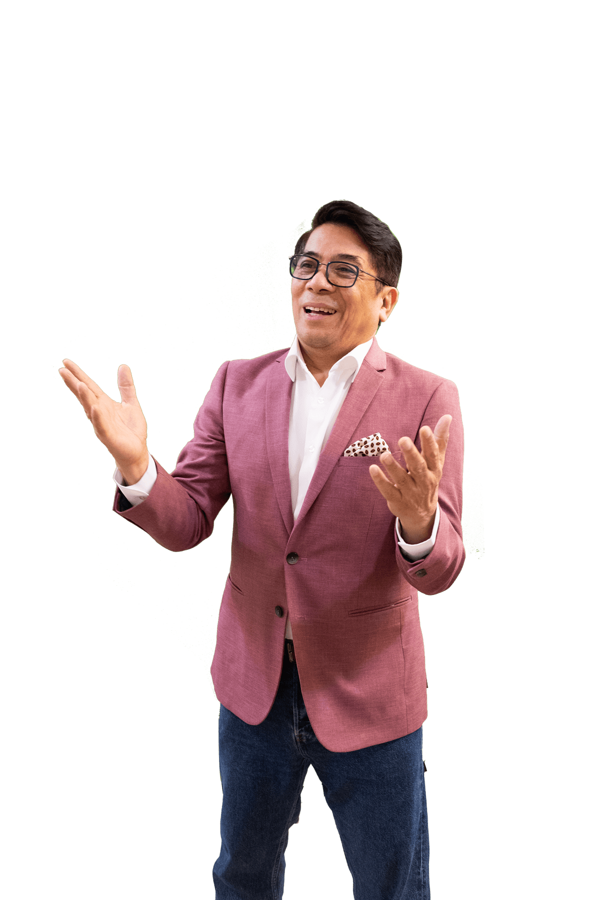 Robert Labayen in a rose blazer, looking ahead